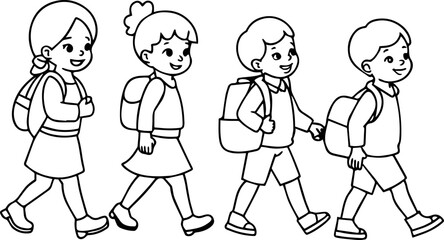 kids wearing school bag are going to school line art vector illustration