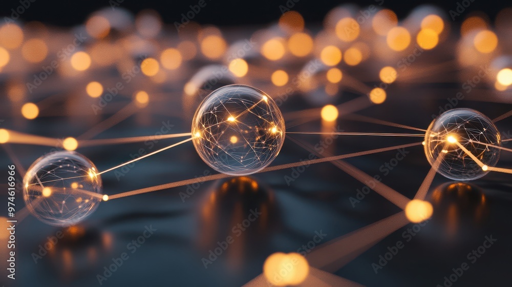 Poster Floating 3D spheres connected by light lines, symbolizing neural networks and intelligence, soft lighting, [psychological], [neural networks] 