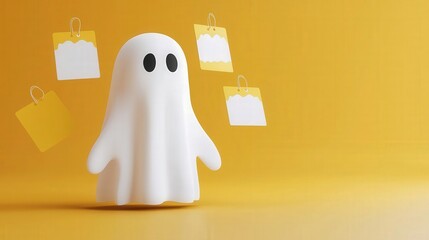 A playful ghost character with floating sticky notes on a vibrant yellow background, ideal for Halloween and festive themes.