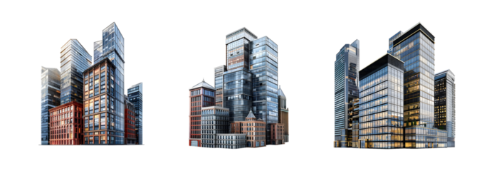 Pack of Modern and Classic Architectures in a Cityscape Isolated on transparent background