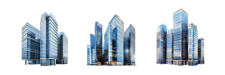 Pack of Modern Glass Skyscraper Buildings Isolated on transparent background