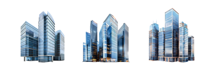 Pack of Modern Glass Skyscraper Buildings Isolated on transparent background