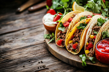 Close-up of tacos with a side of salsa and sour cream on a rustic wooden surface