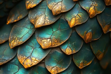 Fototapeta premium extreme closeup of iridescent dragon scales with intricate patterns golden hues blend into emerald greens creating a mesmerizing texture soft diffused lighting enhances depth