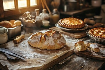 A rustic kitchen scene featuring freshly baked bread and pies on a wooden table.