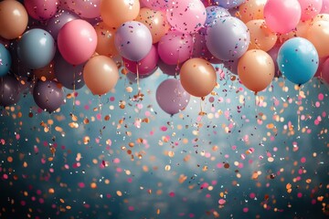 exuberant birthday celebration backdrop with vibrant confetti and balloons cheerful color palette of rainbow hues creating a festive and joyous atmosphere