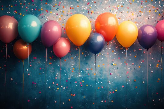 exuberant birthday celebration backdrop with vibrant confetti and balloons cheerful color palette of rainbow hues creating a festive and joyous atmosphere