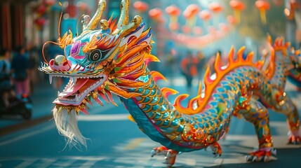 Fototapeta premium A traditional Chinese dragon dance performed during a festival, with a long, colorful dragon winding through the streets. The scene is filled with energy and cultural pride, reflecting the joy 