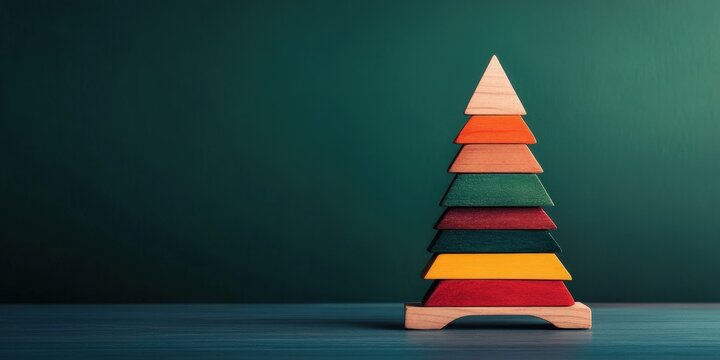Sapin en bois multicolore avec formes empil&eacute;es sur fond vert fonc&eacute;