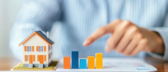 A financial advisor pointing at a graph of accumulating savings, with a model house on the desk, illustrating the planning process for a mortgage