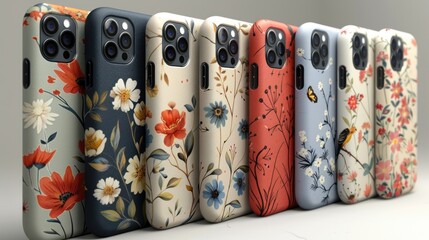A vibrant display of floral phone cases lined up, showcasing nature-inspired designs in artistic arrangements. Generative AI