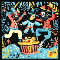 Three Colorful Characters Dancing Around a Treasure Chest.