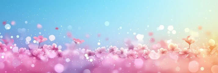 A vibrant abstract background featuring soft pink flowers and gentle bokeh lights against a serene blue gradient sky.