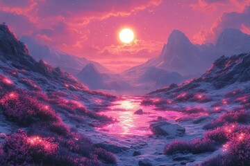 fantastical alien planet landscape swirling nebula skies bioluminescent flora otherworldly terrain vibrant color palette