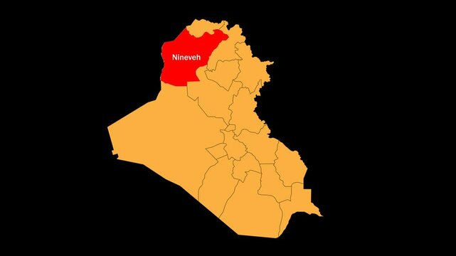 Nineveh map animated video. The location is highlighted on the Iraq map. Colour map with transparent background in video format.