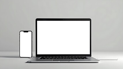 Laptop and smartphone, both with blank screens, set against a light background. Ideal for technology mockups, digital design, and marketing materials.