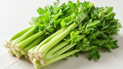 Freshly harvested green celery bunch resting on a rustic countertop, surrounded by natural light in the afternoon. Generative AI