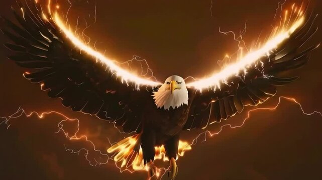 Powerful Bald Eagle with glowing wings against a dark brown background, resembling lightning.