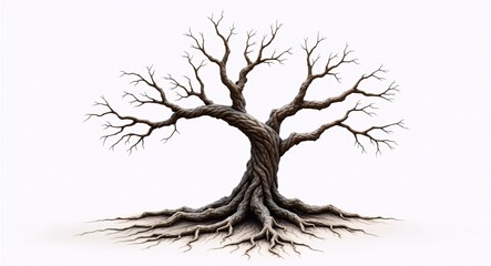 Obraz premium Ancient Twisted Tree - Bare, Weathered Oak on White Background, Symbol of Resilience and Decay png