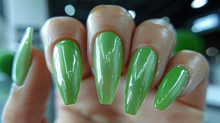 Obraz premium Elegant green nail design showcased in a beauty salon during a vibrant afternoon session. Generative AI