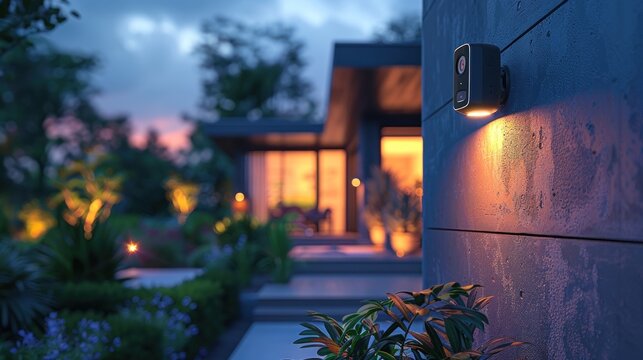 A modern home with a security camera mounted on the exterior wall, illuminating the walkway at dusk.