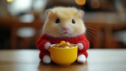 Fototapeta premium A hamster is wearing a red sweater and holding a yellow bowl. The hamster is sitting on a wooden table