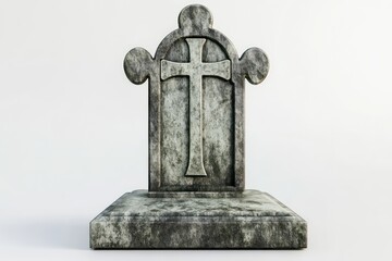 Fototapeta premium Old tombstone with Christian cross in on white background. Copy space