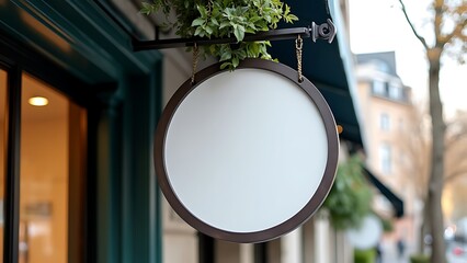 Blank sign mounted on a metal frame, adorned with greenery. Ideal for branding, storefront designs, and outdoor advertising.