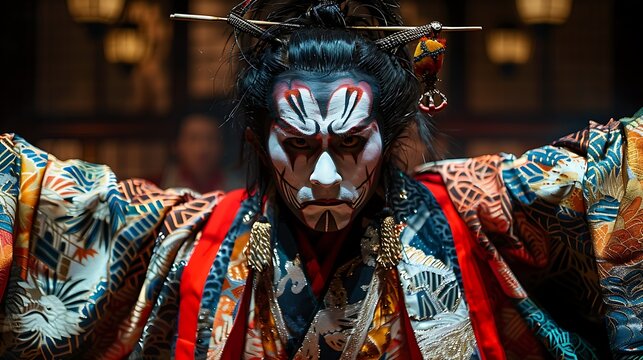 A dramatic Kabuki theater performance, with actors in stylized makeup and elaborate costumes portraying intense emotions and dynamic scenes. The scene captures the theatricality and cultural 