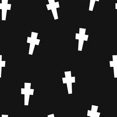 Obraz premium Decorative cross seamless pattern with white crosses on black background for Halloween holiday celebration. 