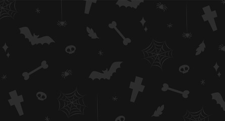 Cartoon vector Halloween background with shapes of bat , bones, skull, spider, cobweb, crosses, sparkles, etc in black and white colors.

