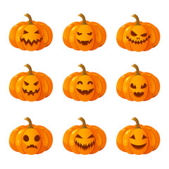 Cartoon Halloween carved pumpkins with different faces expressions isolated on white background.	

