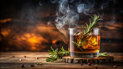 Richly flavored whiskey cocktail garnished with a fragrant smoked rosemary sprig, set against a warm, dark background with subtle wood grain texture.