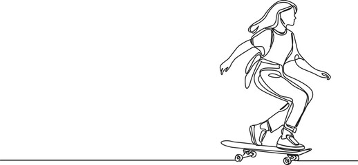continuous single line drawing of teenage girl on skateboard, line art vector illustration