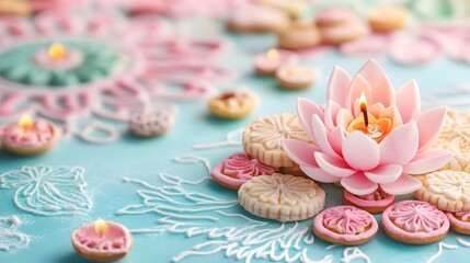 Traditional Diwali Sweets with Lotus and Diya,Vibrant Rangoli Background