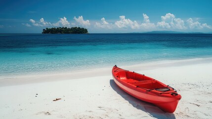 Kayak boat in tropical beach with island in sea