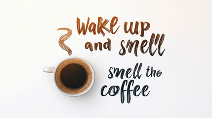 A top view of a steaming cup of black coffee with hand-lettered typography saying 'Wake up and smell the coffee,' in a minimal and modern design with warm, inviting tones on a white background.
