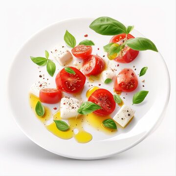 Capres salad in a plate floating on the air, decorated with bacon peppermint potato lemon garlic and shallots, Hyper-realistic style, Generative AI