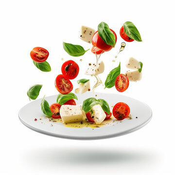 Capres salad in a plate floating on the air, decorated with bacon peppermint potato lemon garlic and shallots, Hyper-realistic style, Generative AI