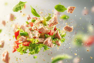 Tuna salad in a bowl floating on the air, decorated with bacon peppermint potato lemon garlic and shallots, Hyper-realistic style, Generative AI