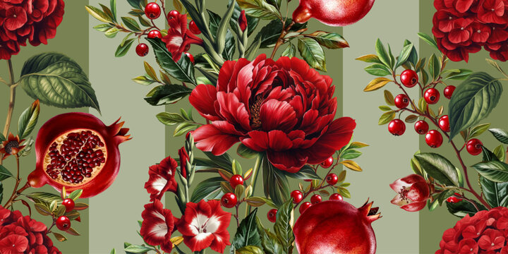 Seamless vector pattern with pomegranates, red garden flowers and berries isolated on a changeable background. Vintage painting style illustration.