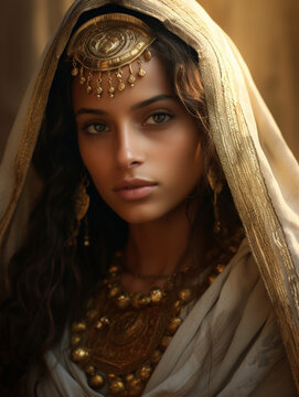 Egyptian woman in a traditional galabeya dress, portrait photography, close-up, warm light, gold jewelry details, confident and serene expression