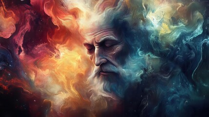 abstract digital painting reimagines the biblical scene of abraham stargazing swirling cosmic colors blend with earthly tones creating a dreamlike portrait that merges the celestial and terrestrial