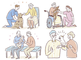 介護、福祉系のお仕事セットI（アニマルセラピー、動物と触れ合うお年寄り）