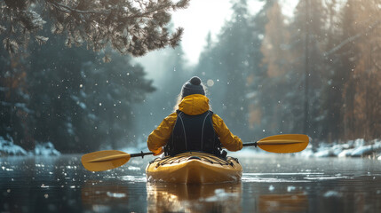 A man kayaking in lake water in winter with snow