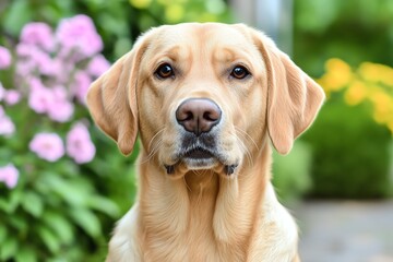 A golden Labrador Retriever posing for a photo, its coat shiny and eyes bright