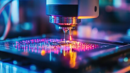 A high-tech laser engraver performs precision work on an electronic circuit board in a modern manufacturing environment.