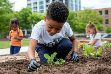 A group of children learning how to plant seeds in an urban community farm, promoting education and sustainability