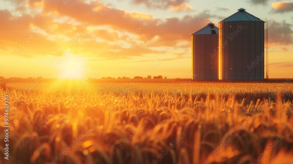 Poster Two large silos are in a field with the sun setting behind them