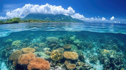 Shallow coral reef with clear water above